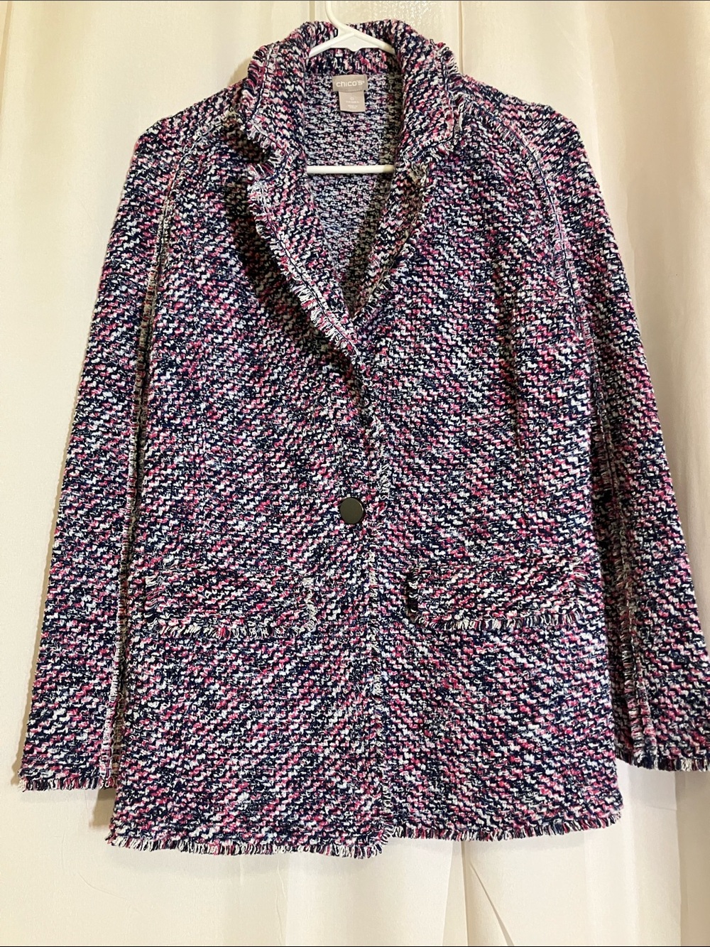 Chico's Navy Pink White Tweed Fringed Pea Coat